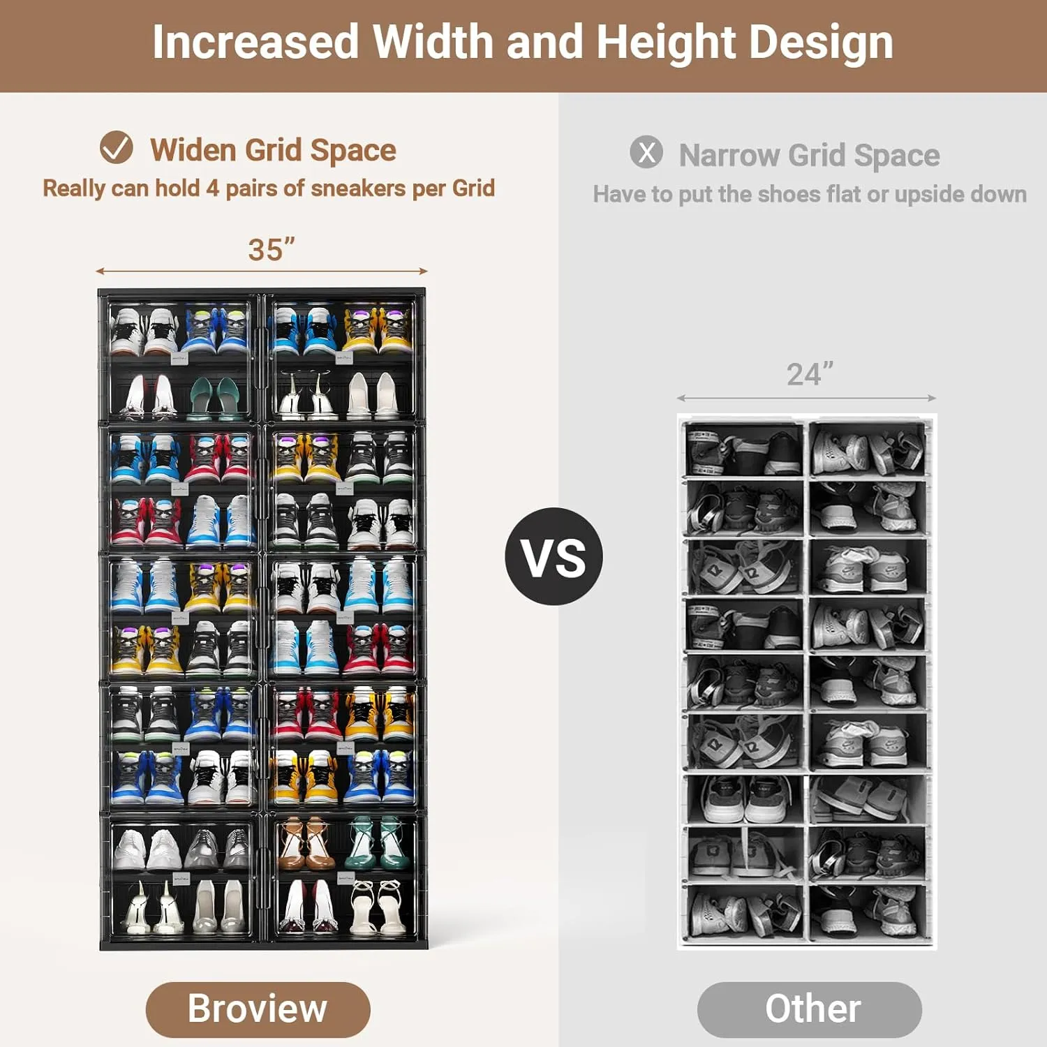 10 Tiers 40 Pairs Hard Plastic Shoe Storage Organizer Cabinet for Entryway, Large Stackable Collapsible Sneaker Shoe Box Organizer for Closet, Portable Folding Shoe Cabinet with Doors, Black