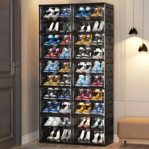 10 Tiers 40 Pairs Hard Plastic Shoe Storage Organizer Cabinet for Entryway, Large Stackable Collapsible Sneaker Shoe Box Organizer for Closet, Portable Folding Shoe Cabinet with Doors, Black
