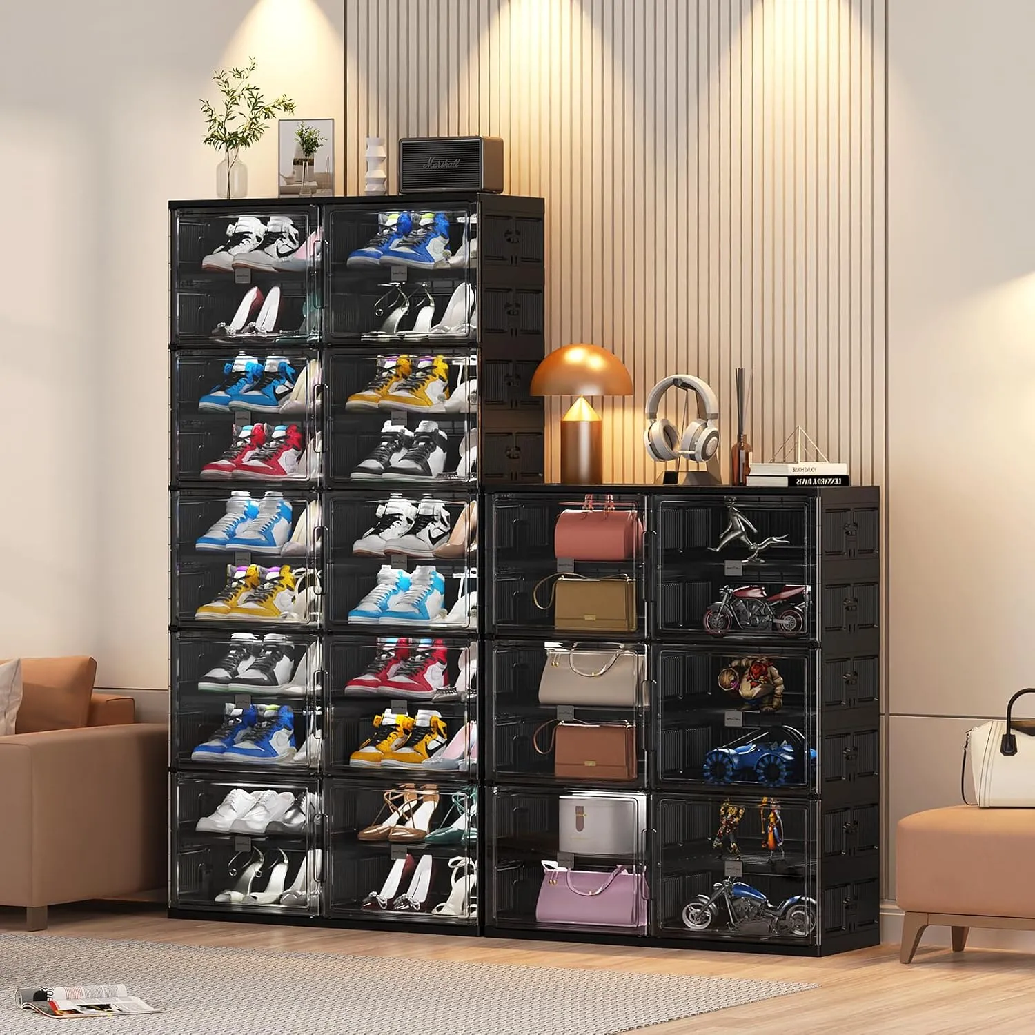10 Tiers 40 Pairs Hard Plastic Shoe Storage Organizer Cabinet for Entryway, Large Stackable Collapsible Sneaker Shoe Box Organizer for Closet, Portable Folding Shoe Cabinet with Doors, Black
