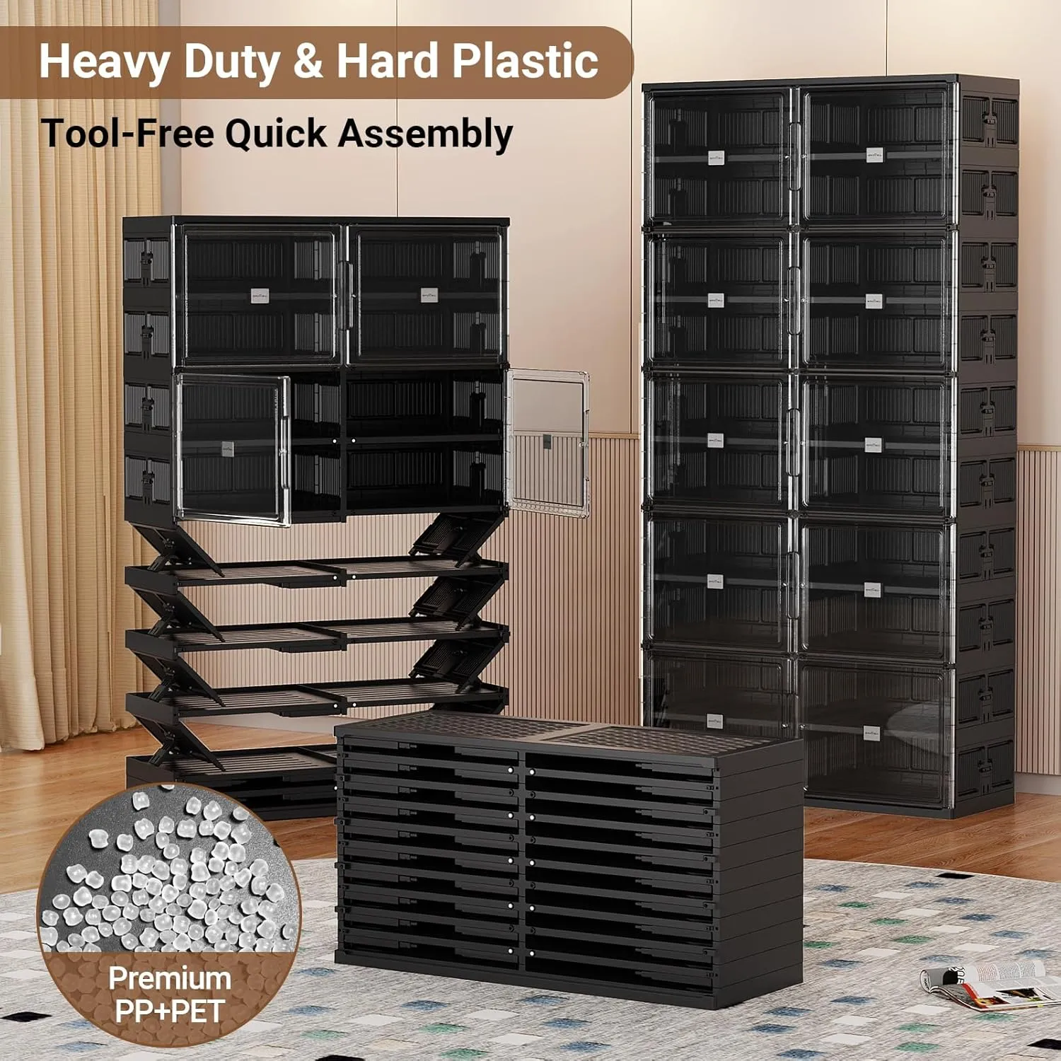 10 Tiers 40 Pairs Hard Plastic Shoe Storage Organizer Cabinet for Entryway, Large Stackable Collapsible Sneaker Shoe Box Organizer for Closet, Portable Folding Shoe Cabinet with Doors, Black