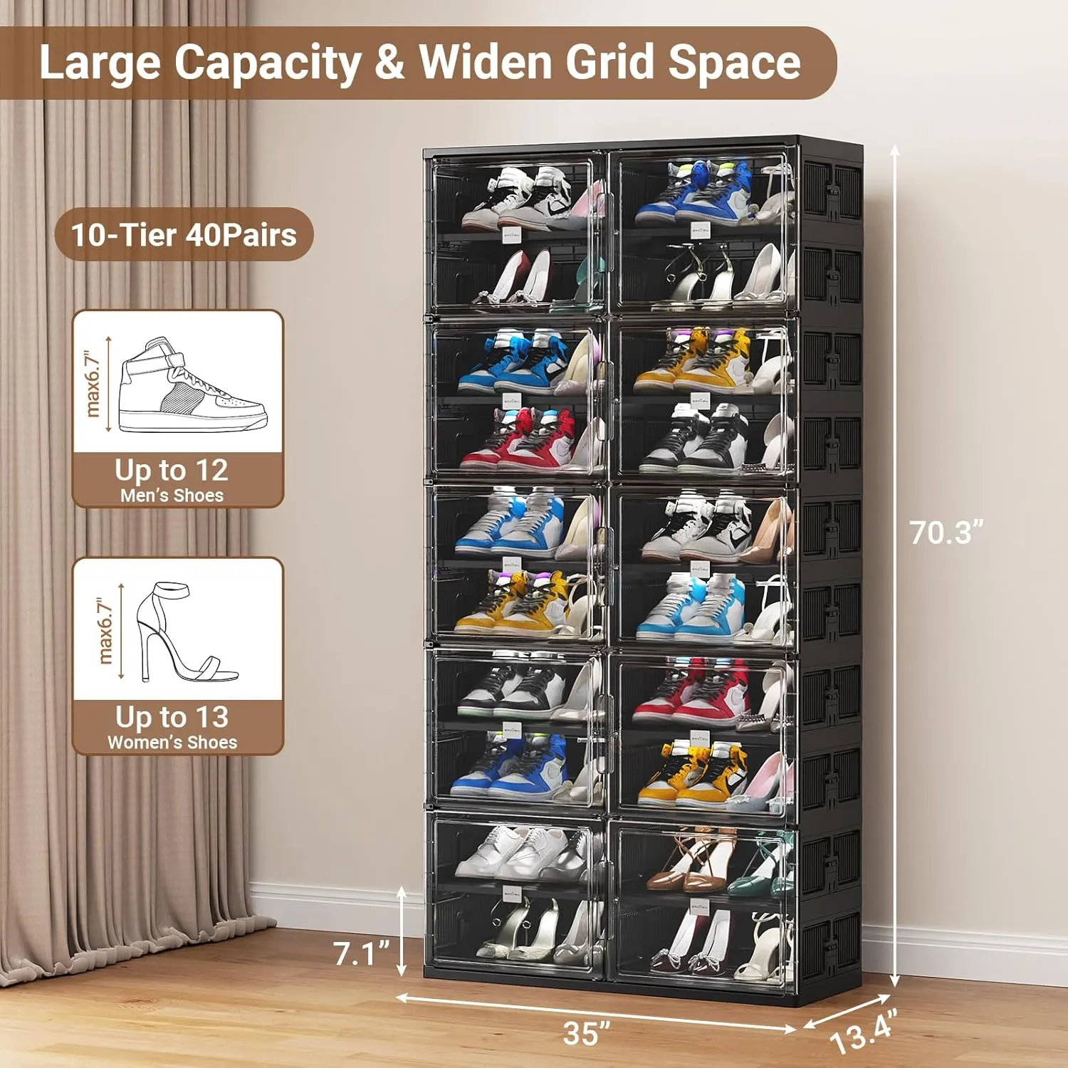 10 Tiers 40 Pairs Hard Plastic Shoe Storage Organizer Cabinet for Entryway, Large Stackable Collapsible Sneaker Shoe Box Organizer for Closet, Portable Folding Shoe Cabinet with Doors, Black
