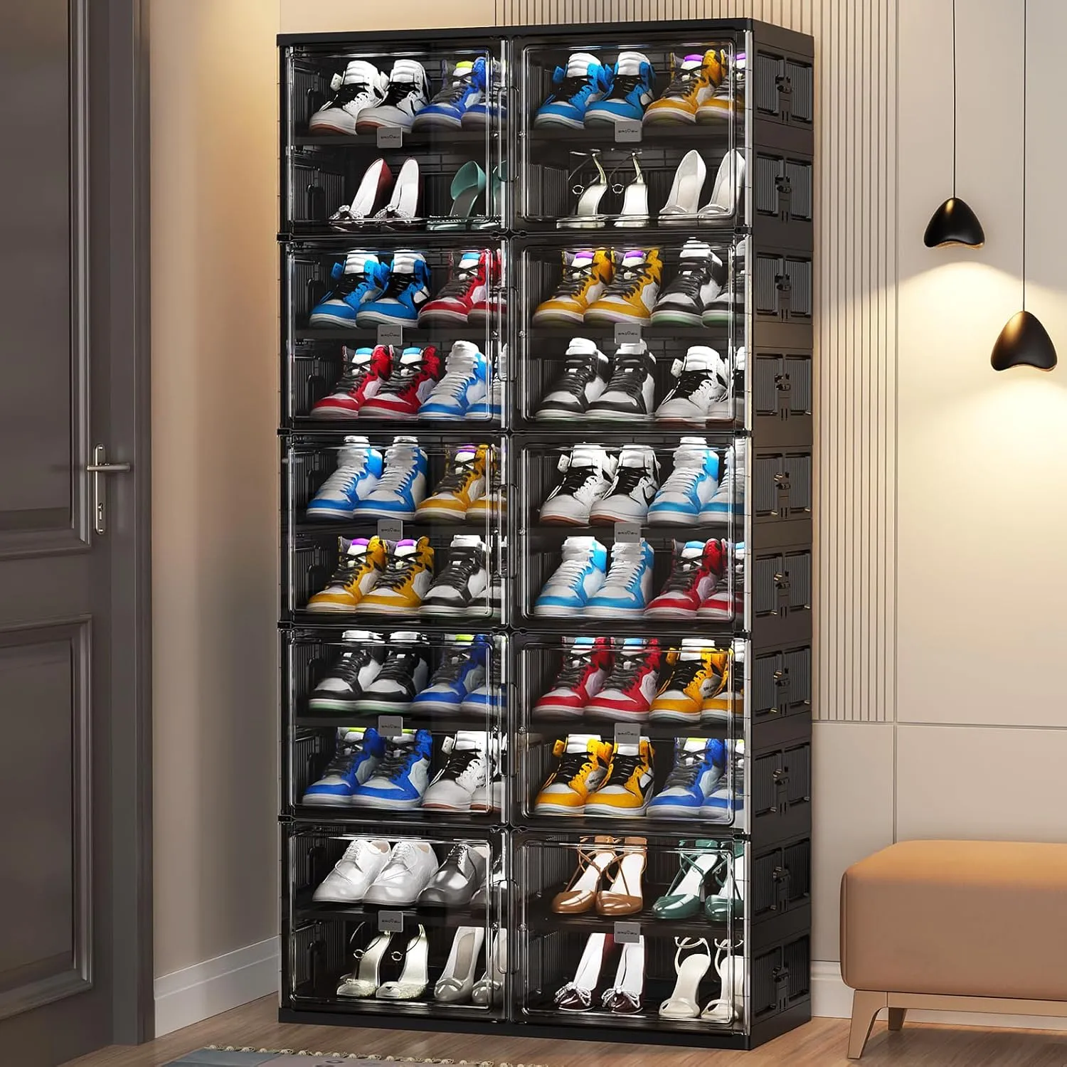 10 Tiers 40 Pairs Hard Plastic Shoe Storage Organizer Cabinet for Entryway, Large Stackable Collapsible Sneaker Shoe Box Organizer for Closet, Portable Folding Shoe Cabinet with Doors, Black
