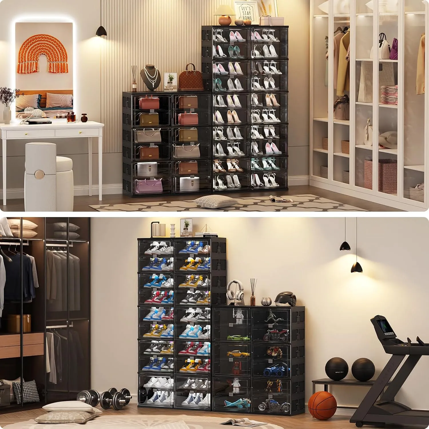 10 Tiers 40 Pairs Hard Plastic Shoe Storage Organizer Cabinet for Entryway, Large Stackable Collapsible Sneaker Shoe Box Organizer for Closet, Portable Folding Shoe Cabinet with Doors, Black
