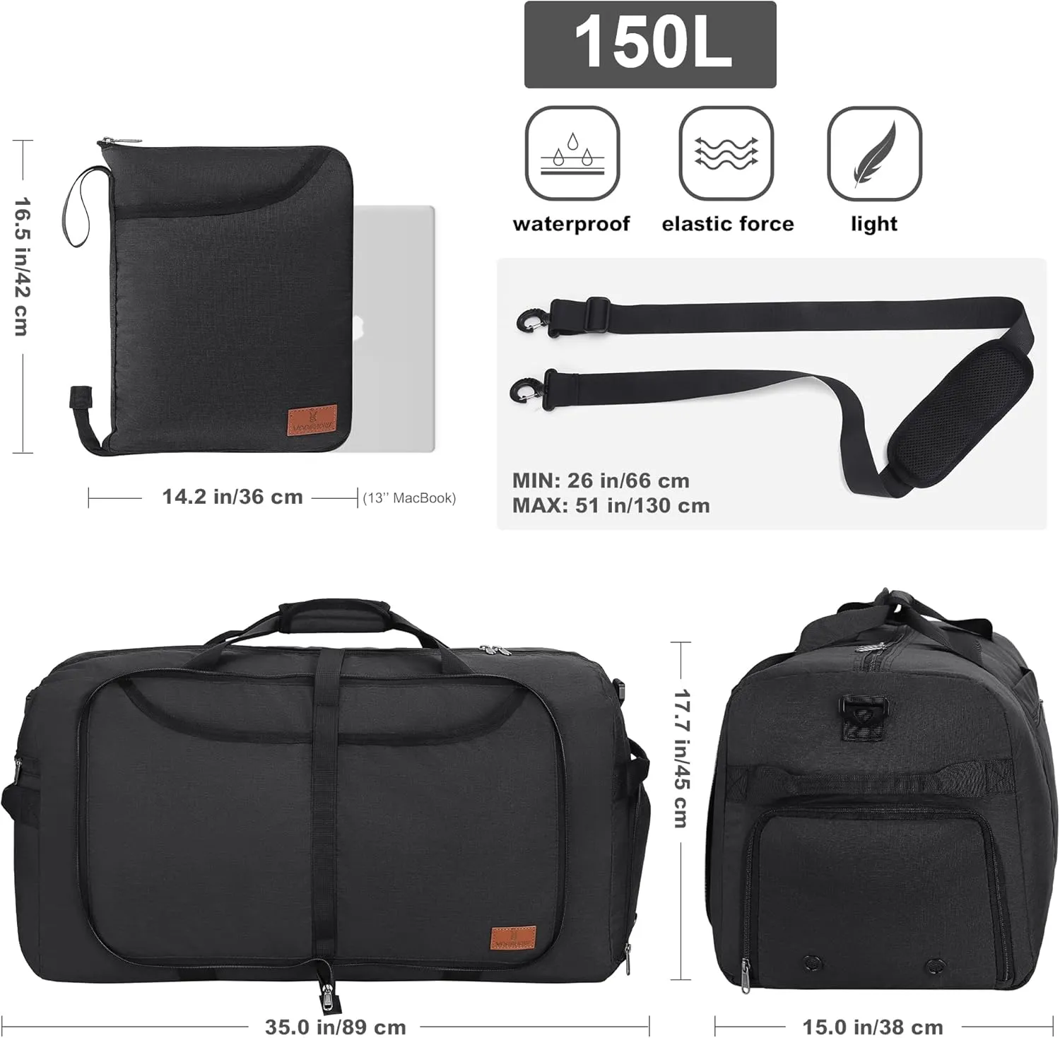 150L Duffle Bag for Men Travel, Extra Large Trave Duffle Bag with Shoe Compartment for Men Women, Foldable Duffle Bag for Traveling, Gym Bag, Water Resistant & Tear-Resistant, Black