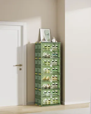 16 Pairs Portable Shoe Organizer Box of 3-Step Fast Installation,Green Foldable Shoe Storage Cabinent with Magnetic Clear Door for Entryway, Enclosed Shoe Rack for Sneaker, Heels etc.. (1Row, 8Tier)