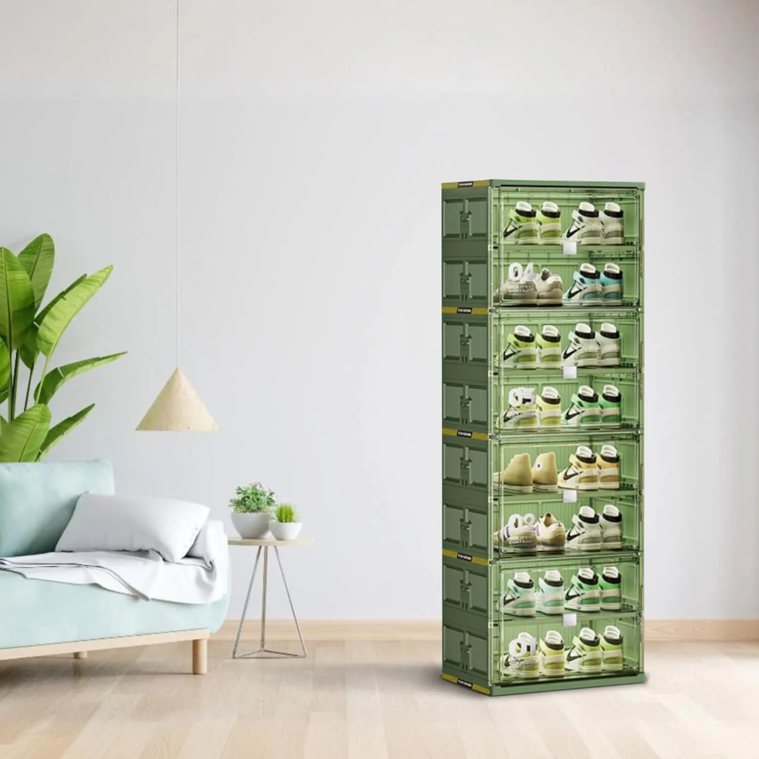 16 Pairs Portable Shoe Organizer Box of 3-Step Fast Installation,Green Foldable Shoe Storage Cabinent with Magnetic Clear Door for Entryway, Enclosed Shoe Rack for Sneaker, Heels etc.. (1Row, 8Tier)