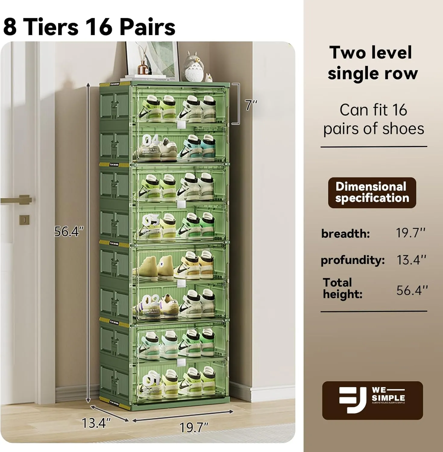 16 Pairs Portable Shoe Organizer Box of 3-Step Fast Installation,Green Foldable Shoe Storage Cabinent with Magnetic Clear Door for Entryway, Enclosed Shoe Rack for Sneaker, Heels etc.. (1Row, 8Tier)