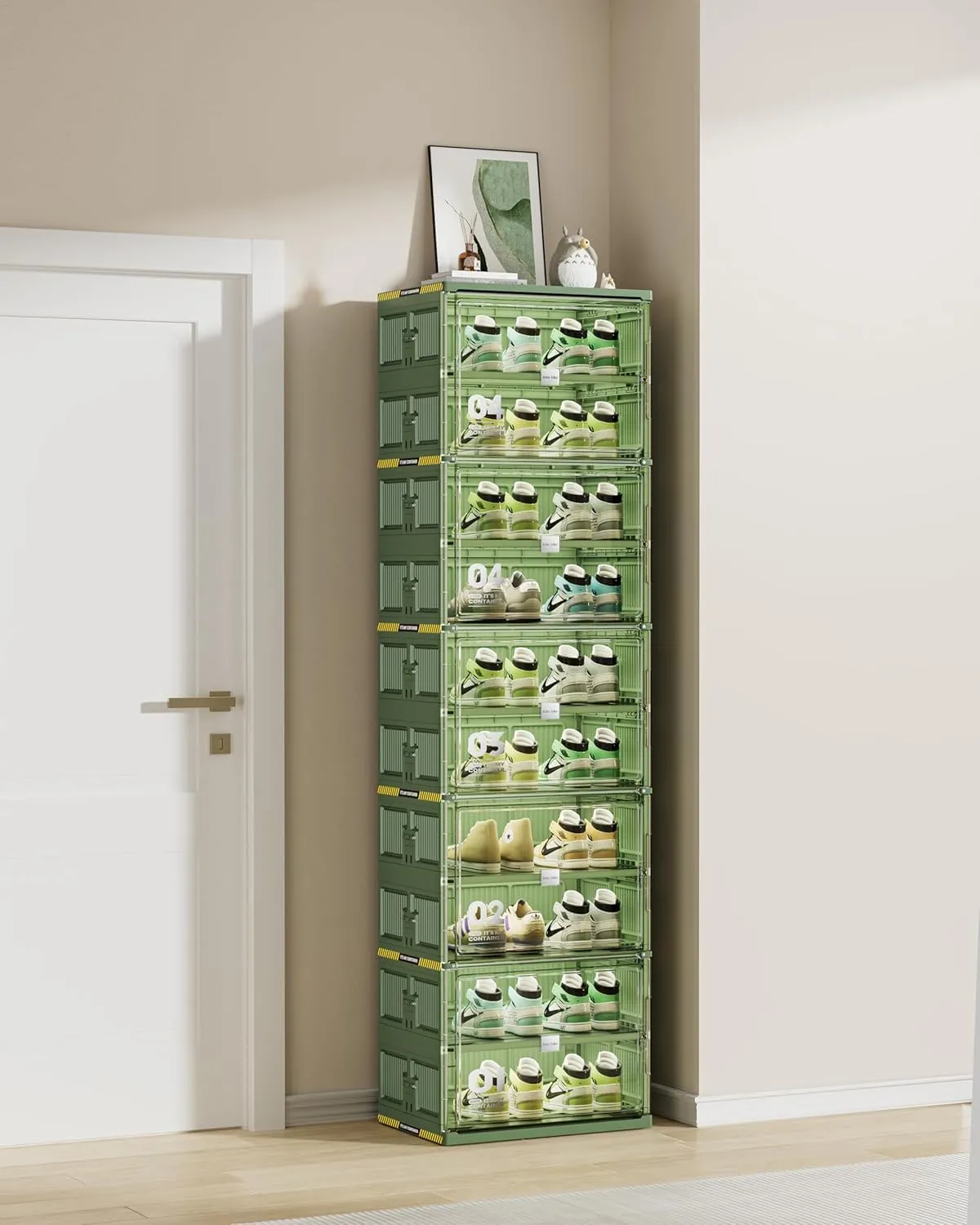 20 Pairs Portable Shoe Organizer Box of 3-Step Fast Installation,Green Foldable Shoe Storage Cabinent with Magnetic Clear Door for Entryway, Enclosed Shoe Rack for Sneaker, Heels etc.. (1Row, 10Tier)