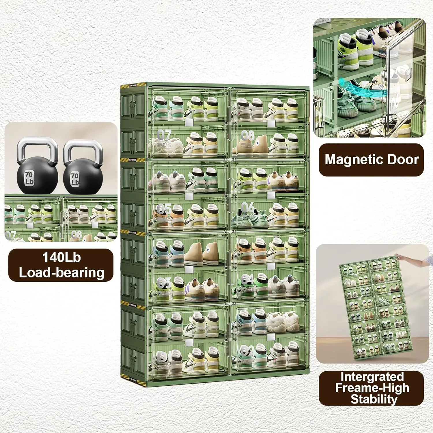 20 Pairs Portable Shoe Organizer Box of 3-Step Fast Installation,Green Foldable Shoe Storage Cabinent with Magnetic Clear Door for Entryway, Enclosed Shoe Rack for Sneaker, Heels etc.. (1Row, 10Tier)