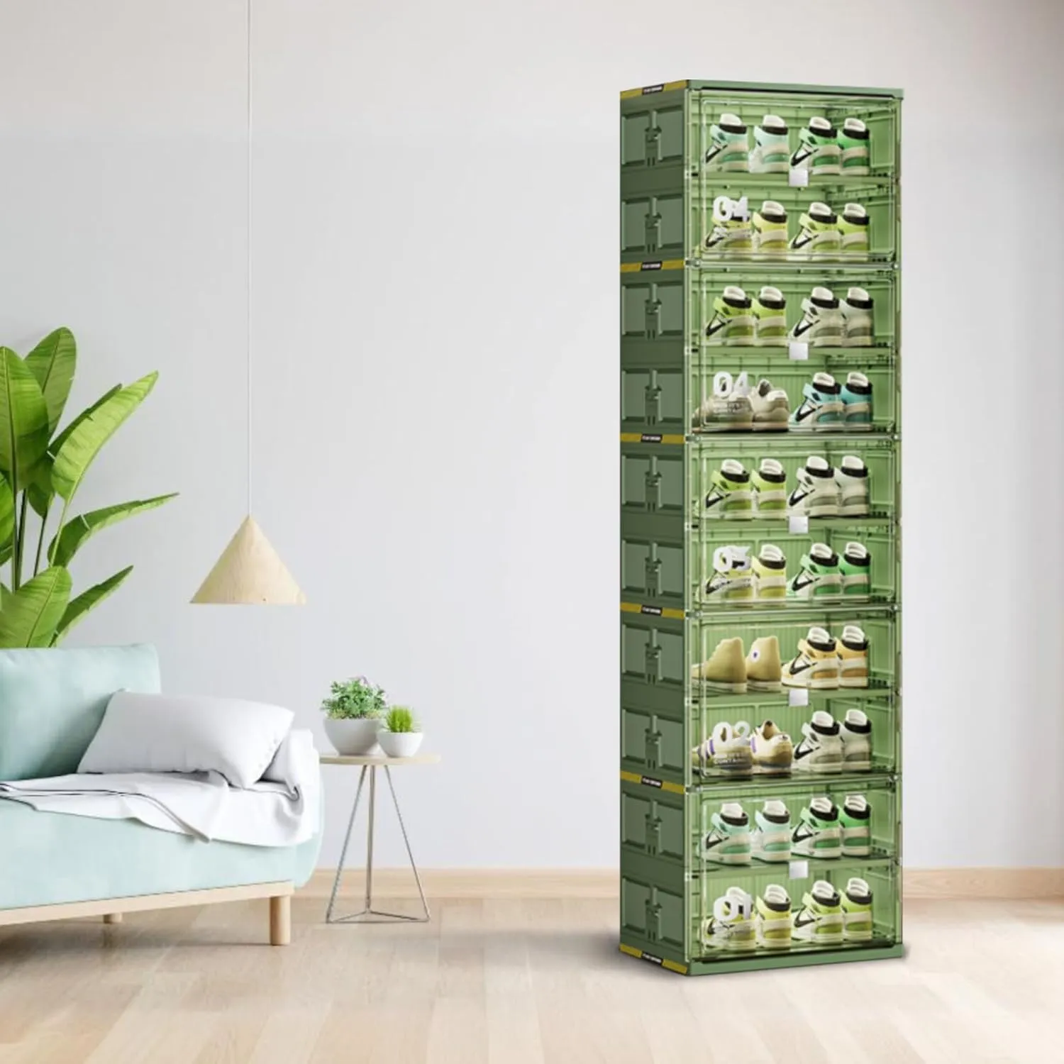 20 Pairs Portable Shoe Organizer Box of 3-Step Fast Installation,Green Foldable Shoe Storage Cabinent with Magnetic Clear Door for Entryway, Enclosed Shoe Rack for Sneaker, Heels etc.. (1Row, 10Tier)