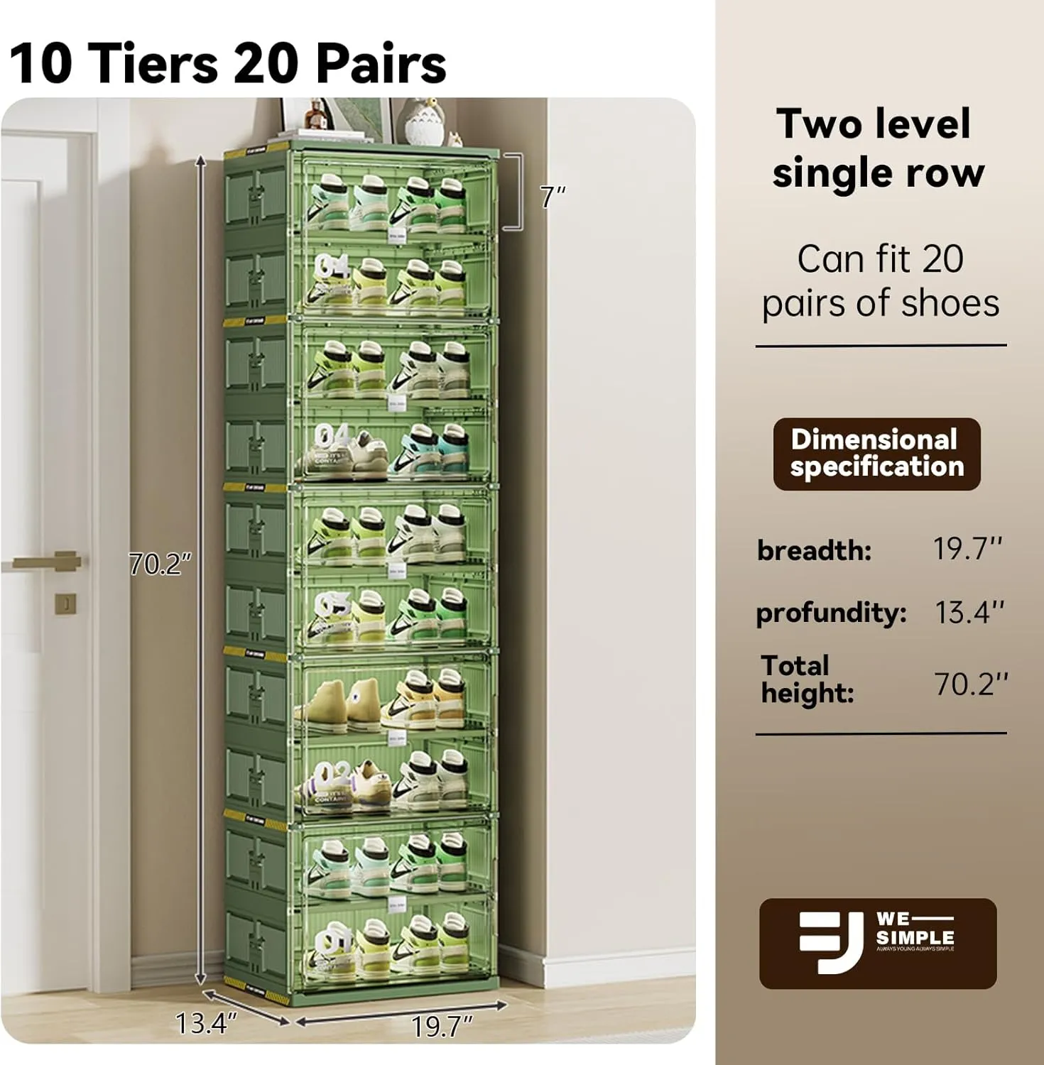 20 Pairs Portable Shoe Organizer Box of 3-Step Fast Installation,Green Foldable Shoe Storage Cabinent with Magnetic Clear Door for Entryway, Enclosed Shoe Rack for Sneaker, Heels etc.. (1Row, 10Tier)