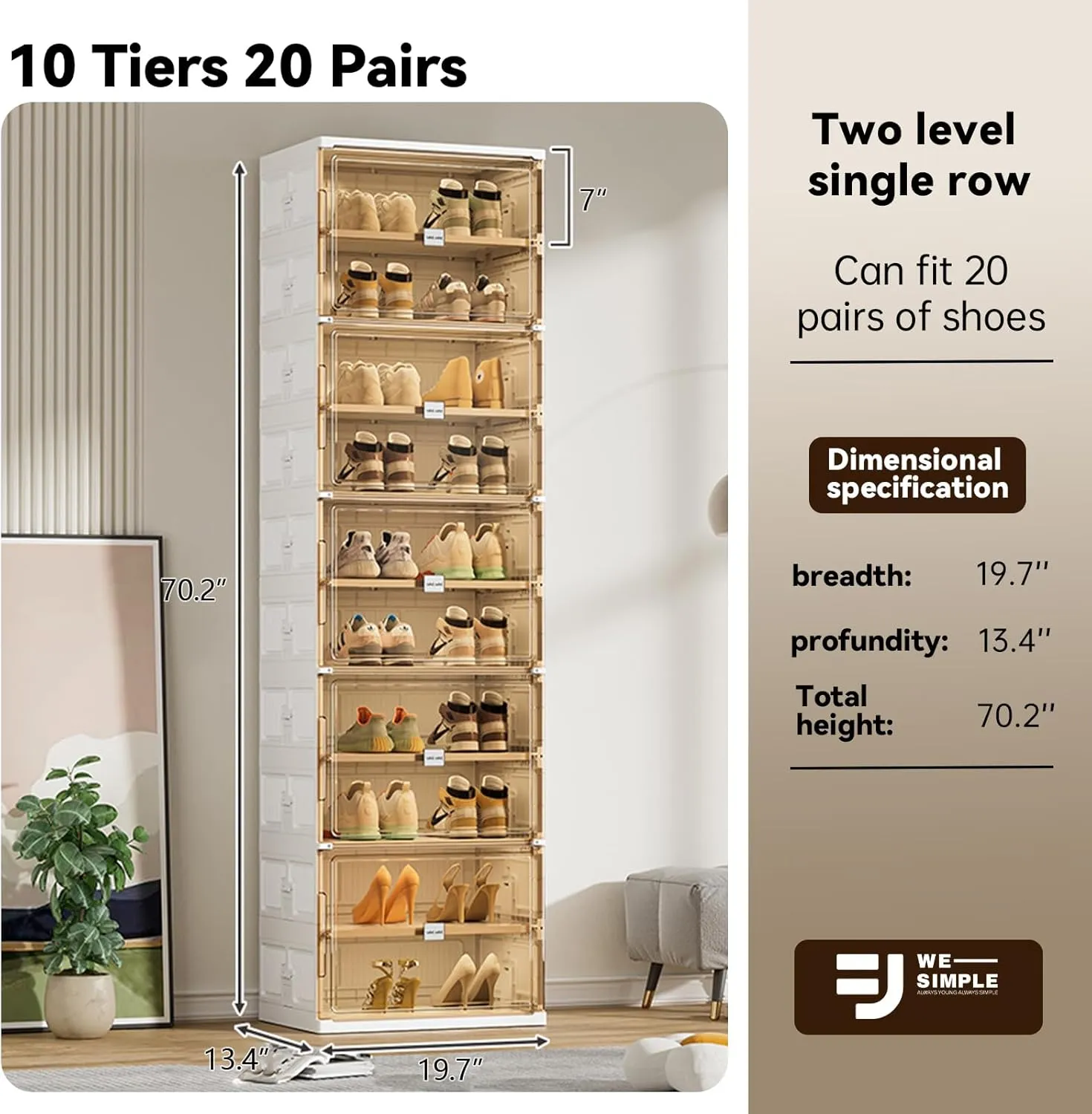 20 Pairs Shoes Storage Cabinet of 3-Step Fast Installation,Plastic Shoe Box with Clear Magnetic Door for Display, Shoe Organizer for Sneaker, Sandals, Heels (1 Row, 10 Tier)