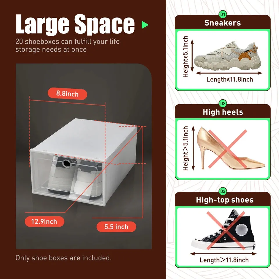 20PCS Plastic Shoe Box Storage Organizer Foldable Clear Shoe Container Sneaker Shoe Display Case Organizer Flat Shoes