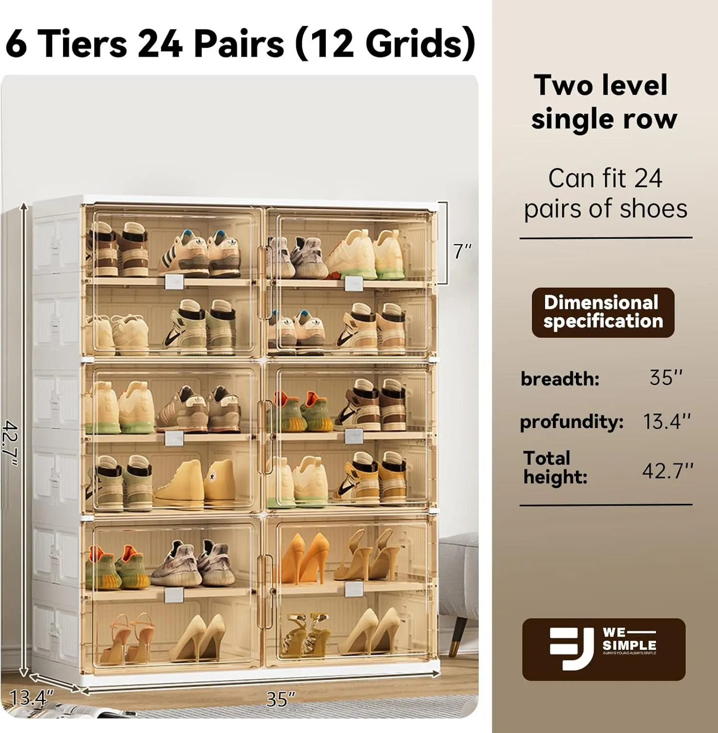 24 Pairs Shoes Storage Cabinet of 3-Step Fast Installation,Plastic Shoe Box with Clear Magnetic Door for Display, Shoe Organizer for Sneaker, Sandals, Heels (2 Row, 6 Tier)