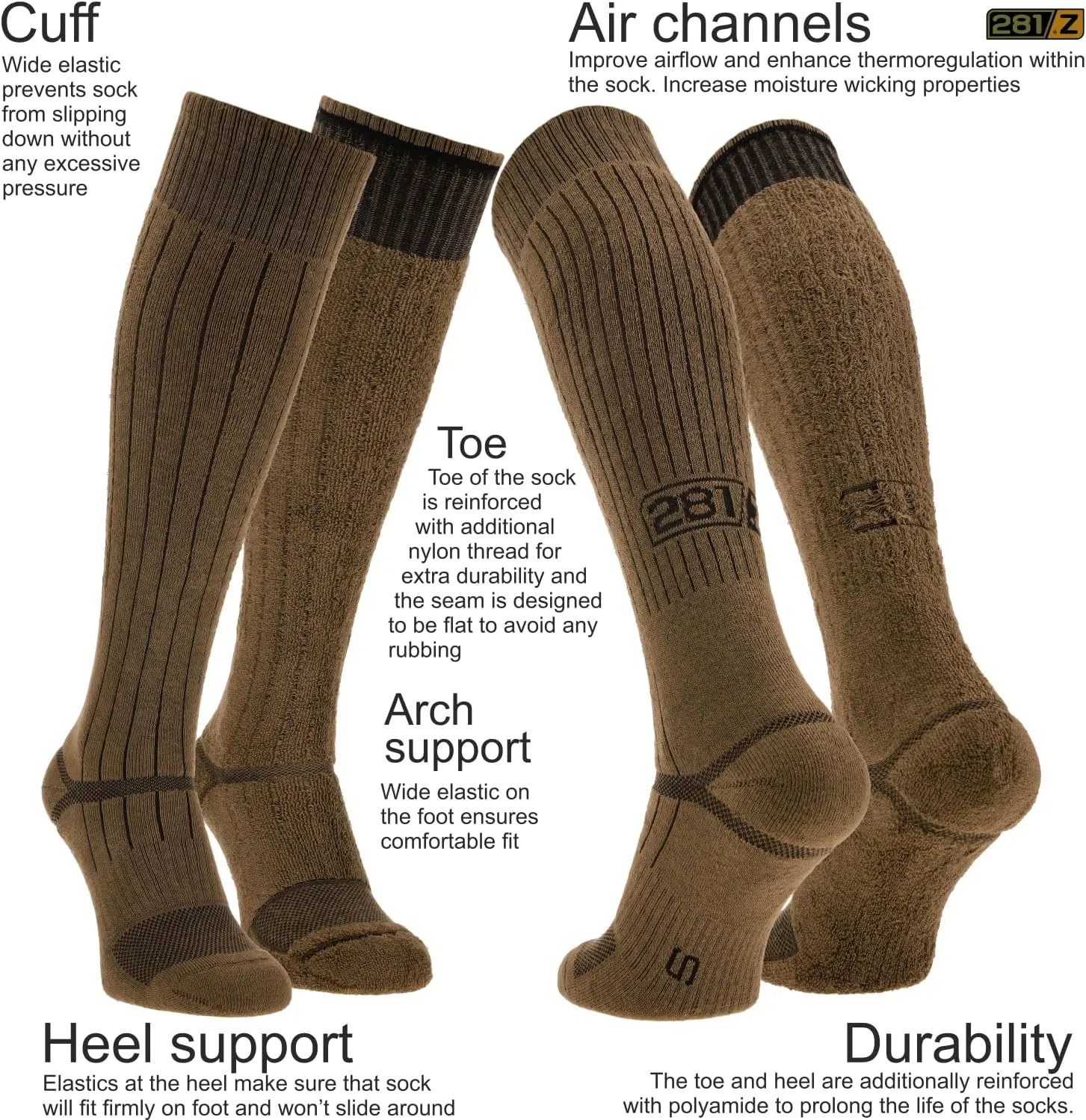 281Z Army Demi Season Breathable Knee High Cushioned Uniform Boot Socks - Tactical Trekking Hiking - Outdoor Fishing Hunting