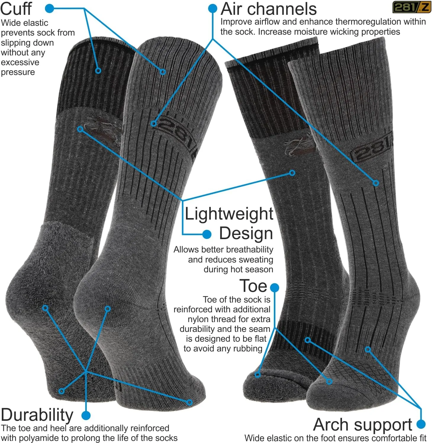 281Z Military Lightweight Boot Socks - Tactical Trekking Hiking - Outdoor Athletic Sport