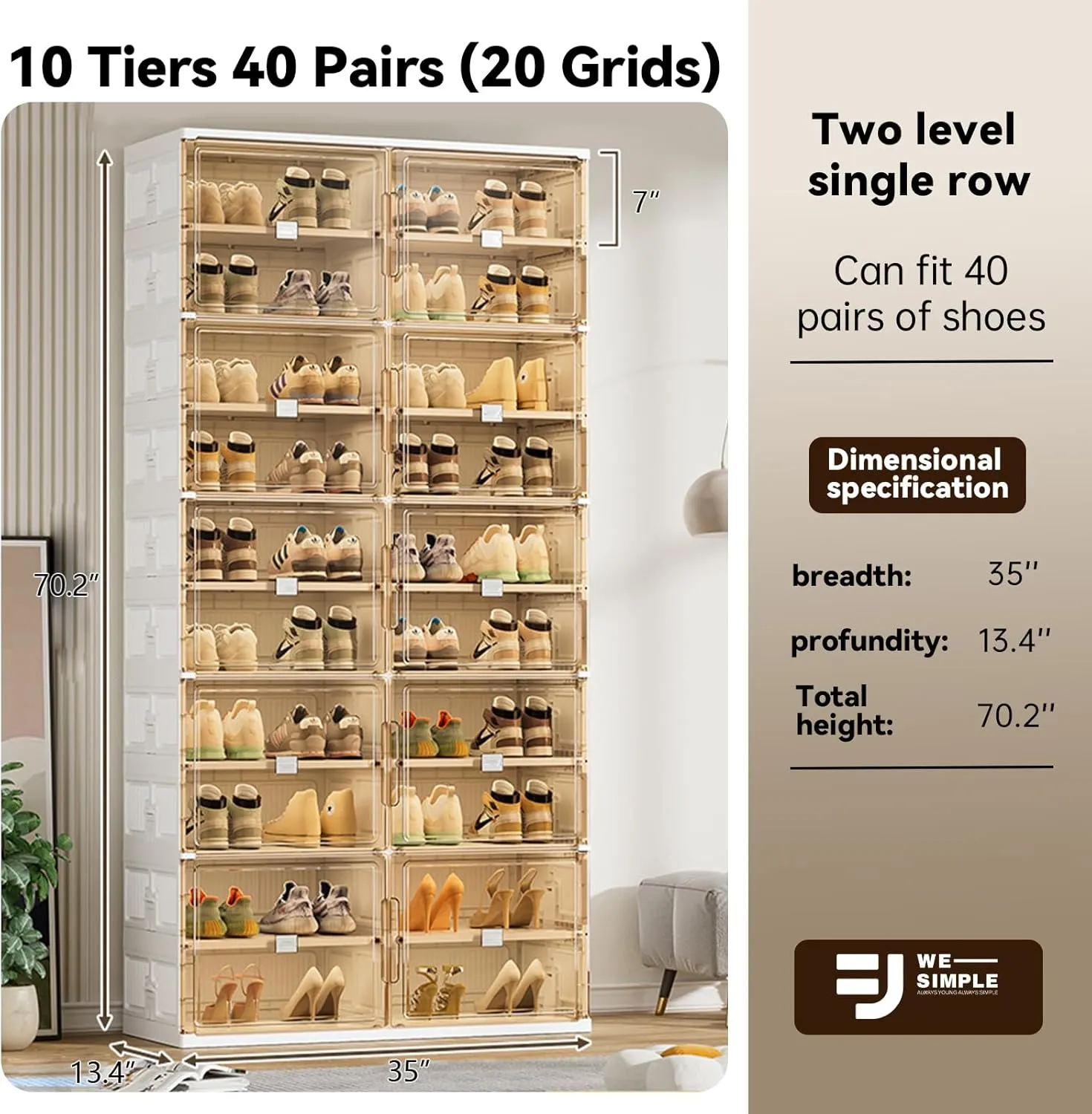 40 Pairs Shoes Storage Cabinet of 3-Step Fast Installation,Plastic Shoe Box with Clear Magnetic Door for Display, Shoe Organizer for Sneaker, Sandals, Heels (2 Row, 10 Tier)