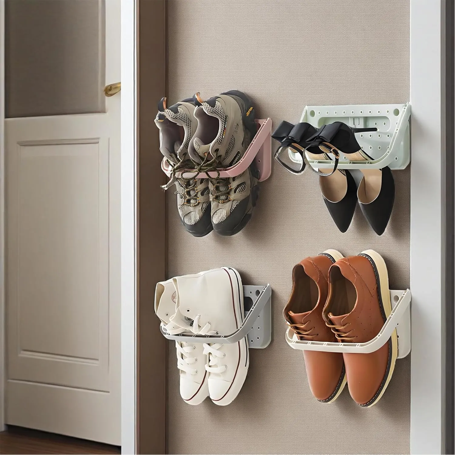 4Pcs Wall Mounted Shoes Rack, Foldable Hanging Shoe Rack Organizer Shoe Storage for Slippers, High Heel, Leather Shoes, Sneaker, Sandal(White)