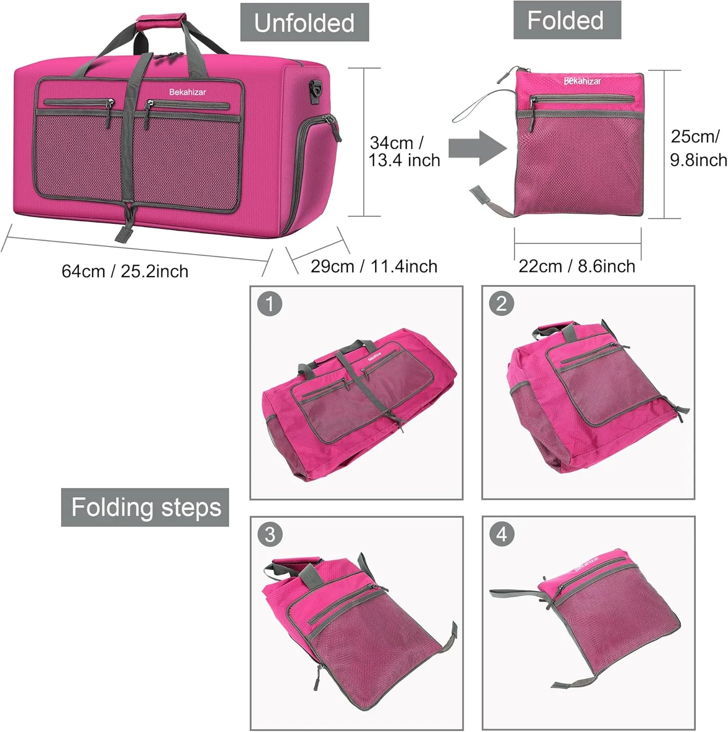 60L Duffle Bag 25 Inch Large Travel Bag Lightweight Foldable Weekend Duffel with Shoe Compartment Shoulder Strap for Men Women (Rose Red)