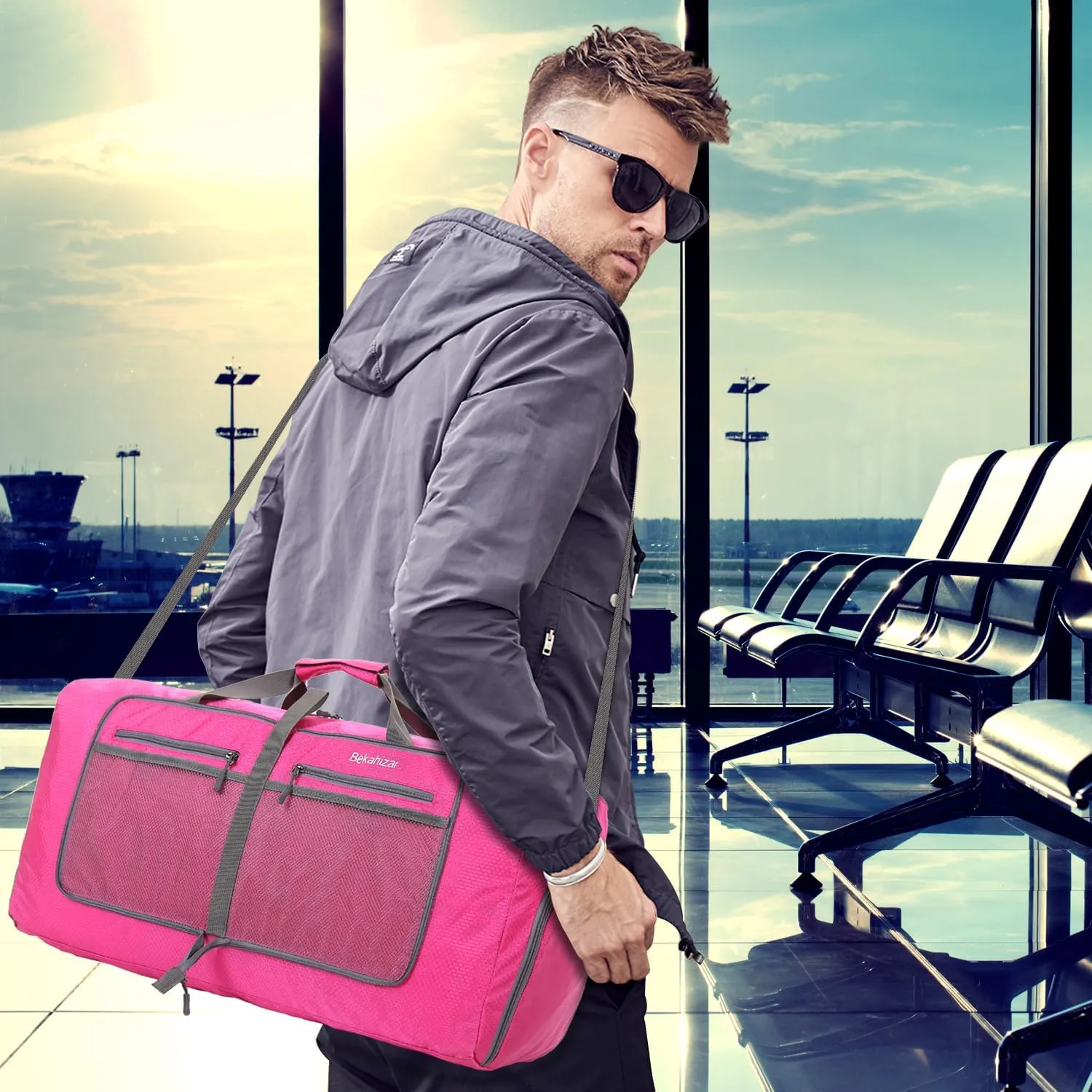 60L Duffle Bag 25 Inch Large Travel Bag Lightweight Foldable Weekend Duffel with Shoe Compartment Shoulder Strap for Men Women (Rose Red)