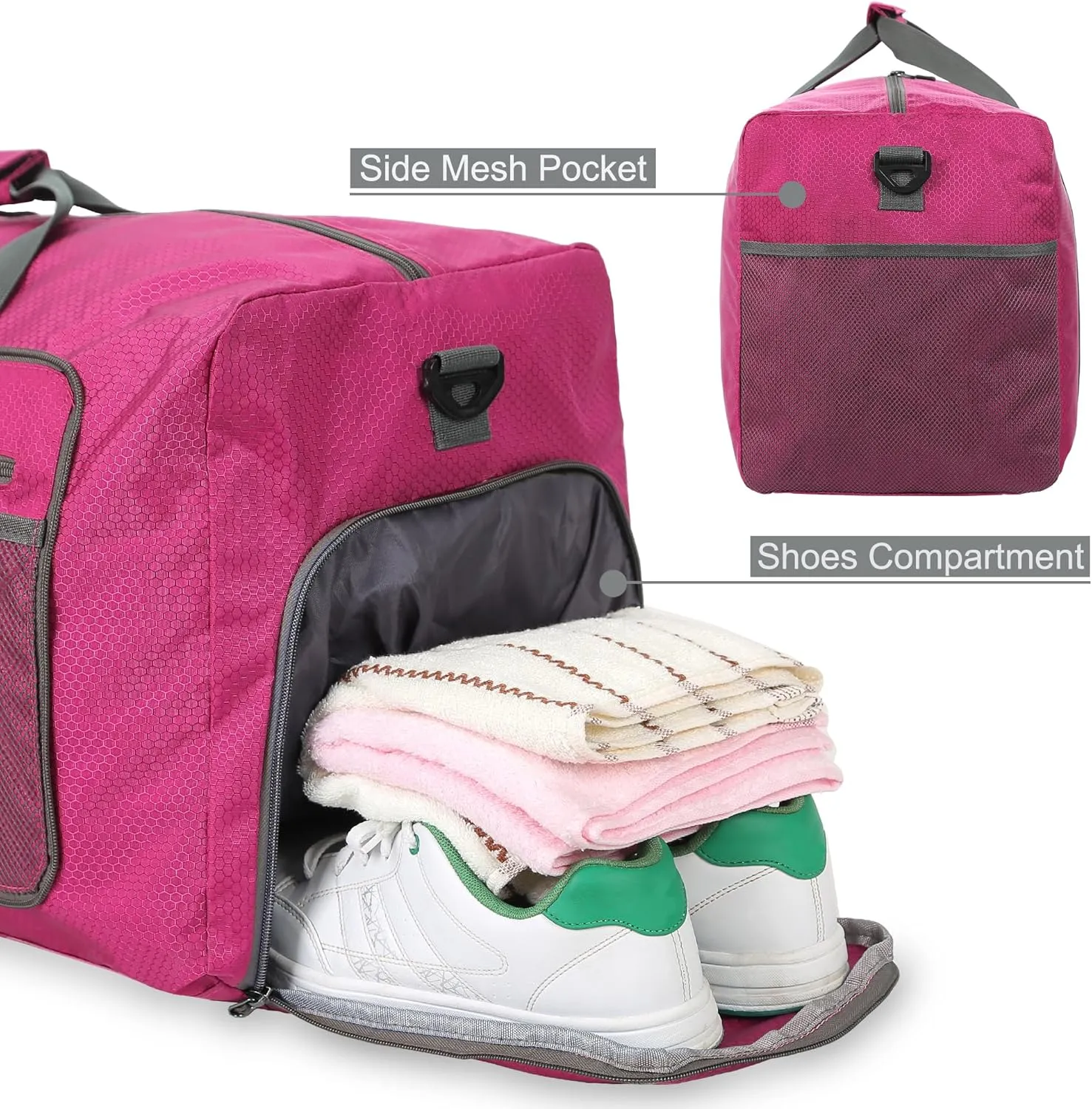 60L Duffle Bag 25 Inch Large Travel Bag Lightweight Foldable Weekend Duffel with Shoe Compartment Shoulder Strap for Men Women (Rose Red)