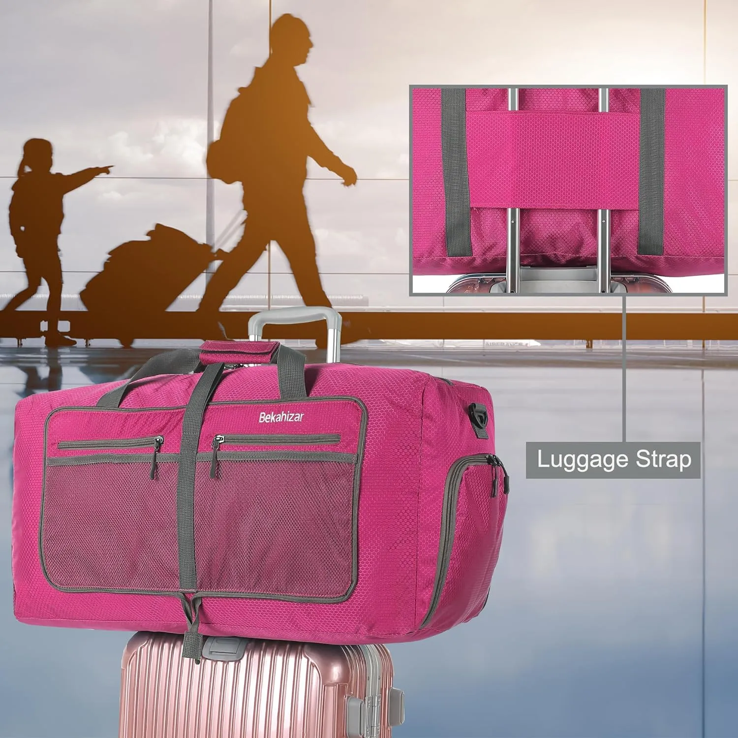 60L Duffle Bag 25 Inch Large Travel Bag Lightweight Foldable Weekend Duffel with Shoe Compartment Shoulder Strap for Men Women (Rose Red)
