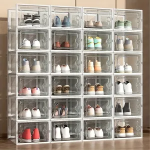 6/12/24 Pack Shoe Boxes Thickened Transparent with Lid, Foldable Stackable Free Combination Shoe Rack, Plastic Sneaker Container, Space Saving Storage Organizer for Entryway, Bedroom, Home, Dorm, Ramadan Decor