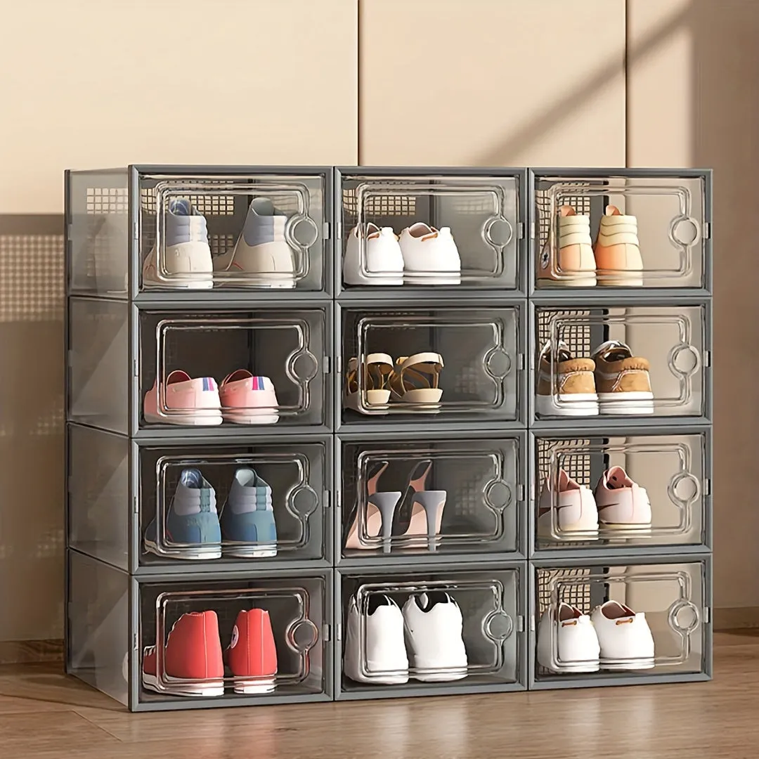 6/12/24 Pack Shoe Boxes Thickened Transparent with Lid, Foldable Stackable Free Combination Shoe Rack, Plastic Sneaker Container, Space Saving Storage Organizer for Entryway, Bedroom, Home, Dorm, Ramadan Decor