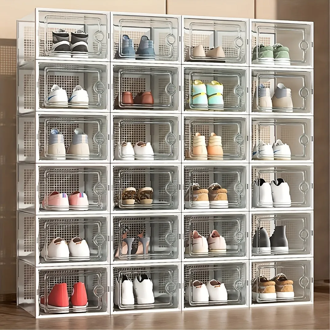 6/12/24 Pack Shoe Boxes Thickened Transparent with Lid, Foldable Stackable Free Combination Shoe Rack, Plastic Sneaker Container, Space Saving Storage Organizer for Entryway, Bedroom, Home, Dorm, Ramadan Decor
