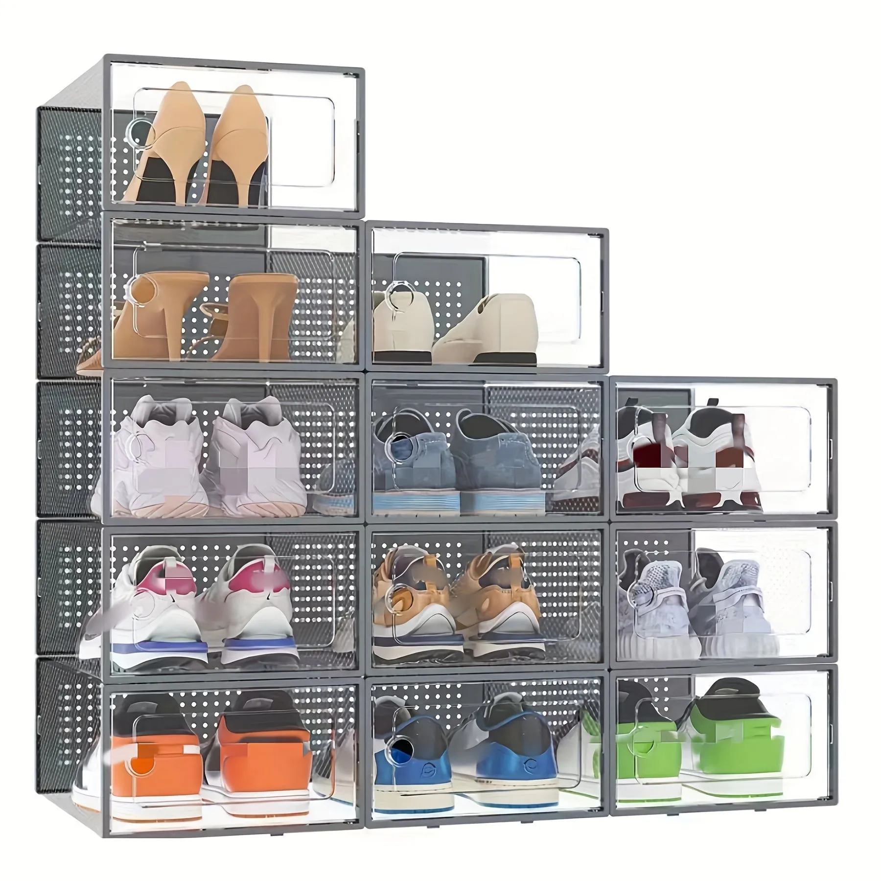 6/12/24 Pack Shoe Boxes Thickened Transparent with Lid, Foldable Stackable Free Combination Shoe Rack, Plastic Sneaker Container, Space Saving Storage Organizer for Entryway, Bedroom, Home, Dorm, Ramadan Decor