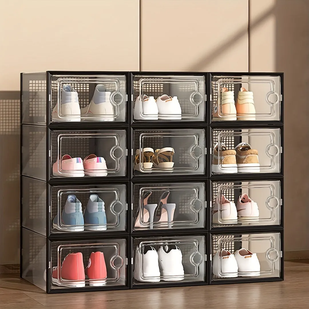 6/12/24 Pack Shoe Boxes Thickened Transparent with Lid, Foldable Stackable Free Combination Shoe Rack, Plastic Sneaker Container, Space Saving Storage Organizer for Entryway, Bedroom, Home, Dorm, Ramadan Decor