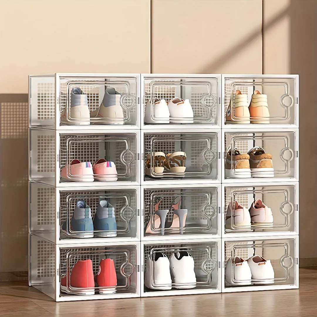 6/12/24 Pack Shoe Boxes Thickened Transparent with Lid, Foldable Stackable Free Combination Shoe Rack, Plastic Sneaker Container, Space Saving Storage Organizer for Entryway, Bedroom, Home, Dorm, Ramadan Decor