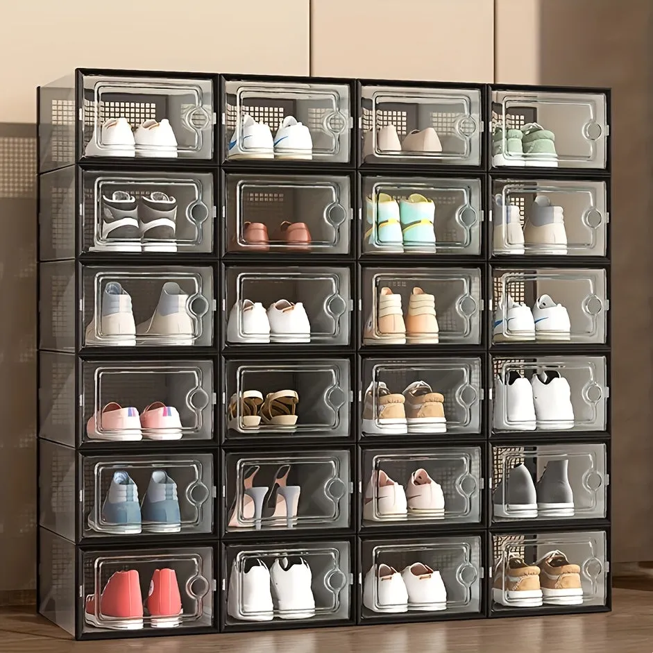6/12/24 Pack Shoe Boxes Thickened Transparent with Lid, Foldable Stackable Free Combination Shoe Rack, Plastic Sneaker Container, Space Saving Storage Organizer for Entryway, Bedroom, Home, Dorm, Ramadan Decor