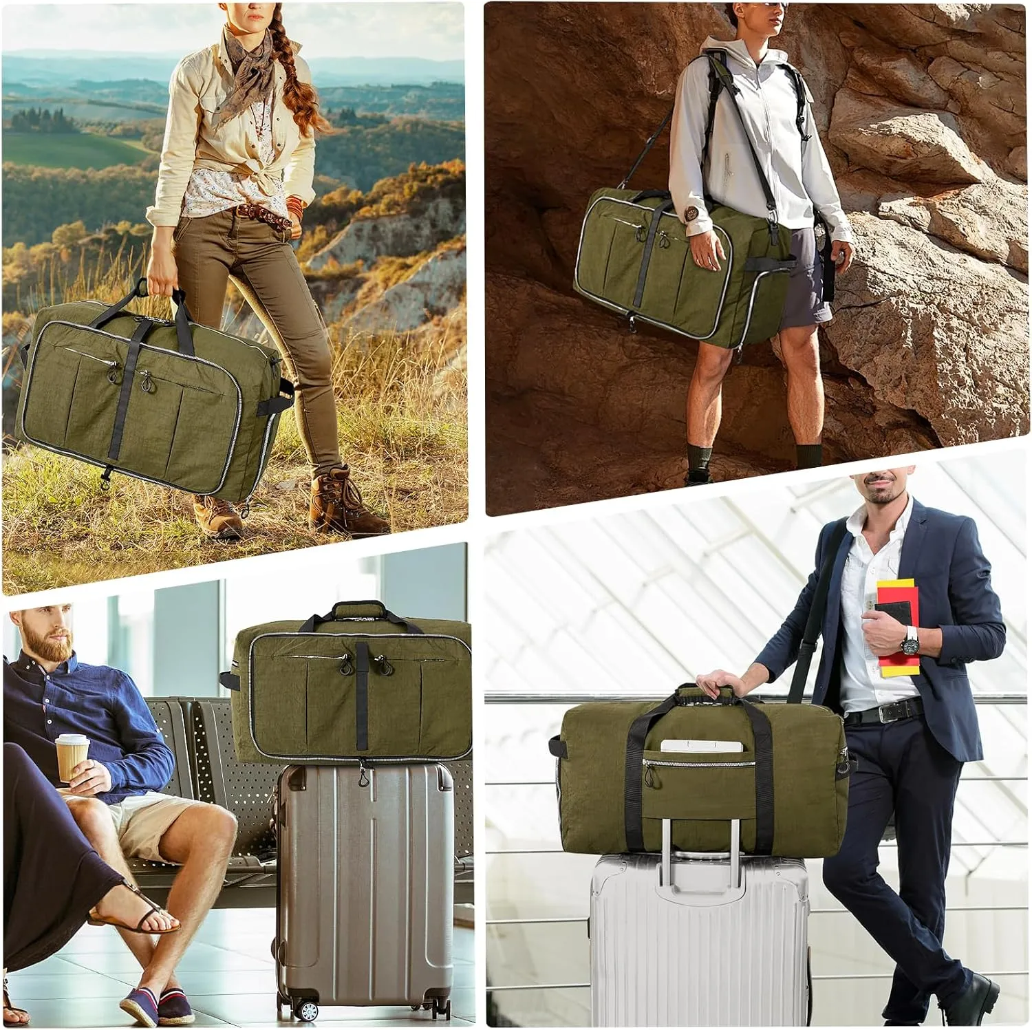65L 25" Foldable Duffle Bag with Shoe Compartment,Lightweight Water Resistant Packable Travel Bag,Army Green