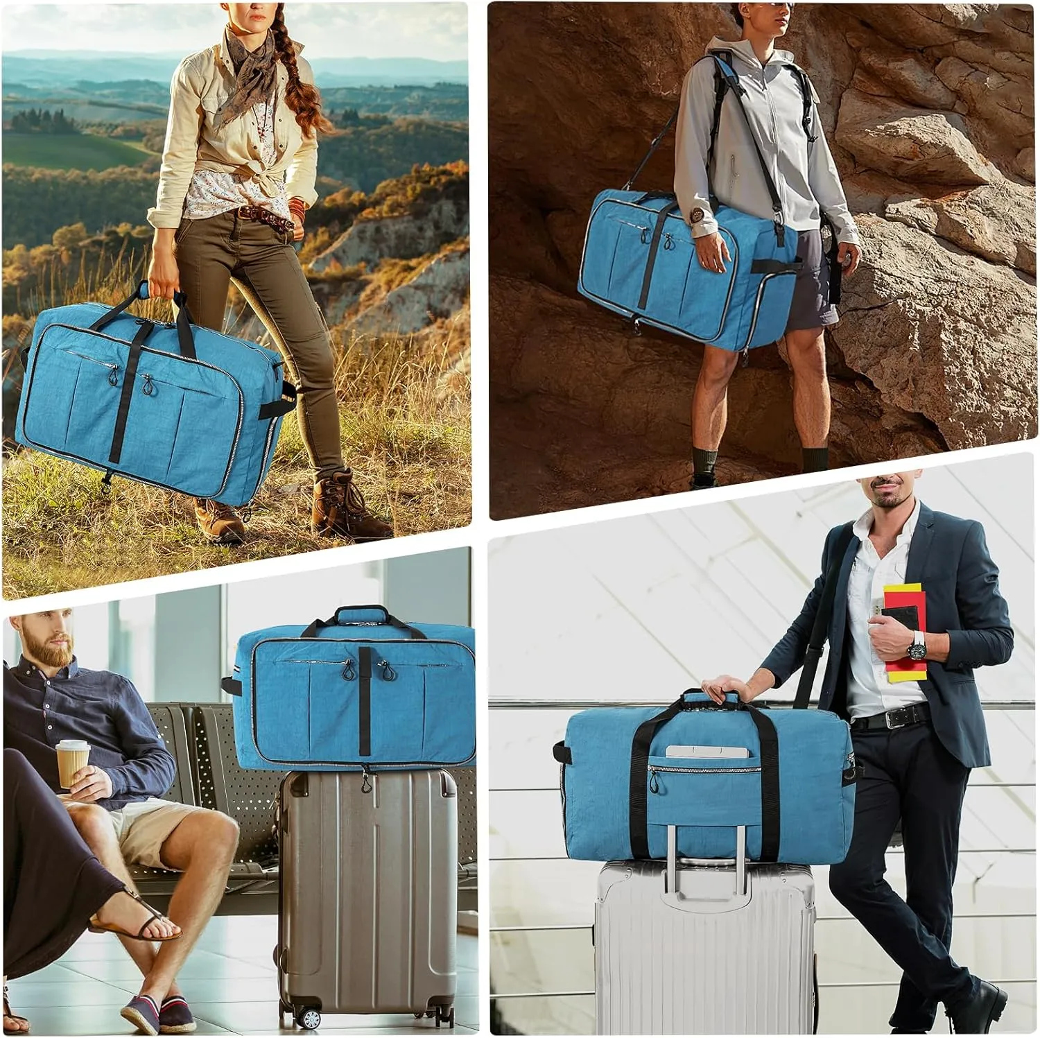 65L 25" Foldable Duffle Bag with Shoe Compartment,Lightweight Water Resistant Packable Travel Bag,Blue