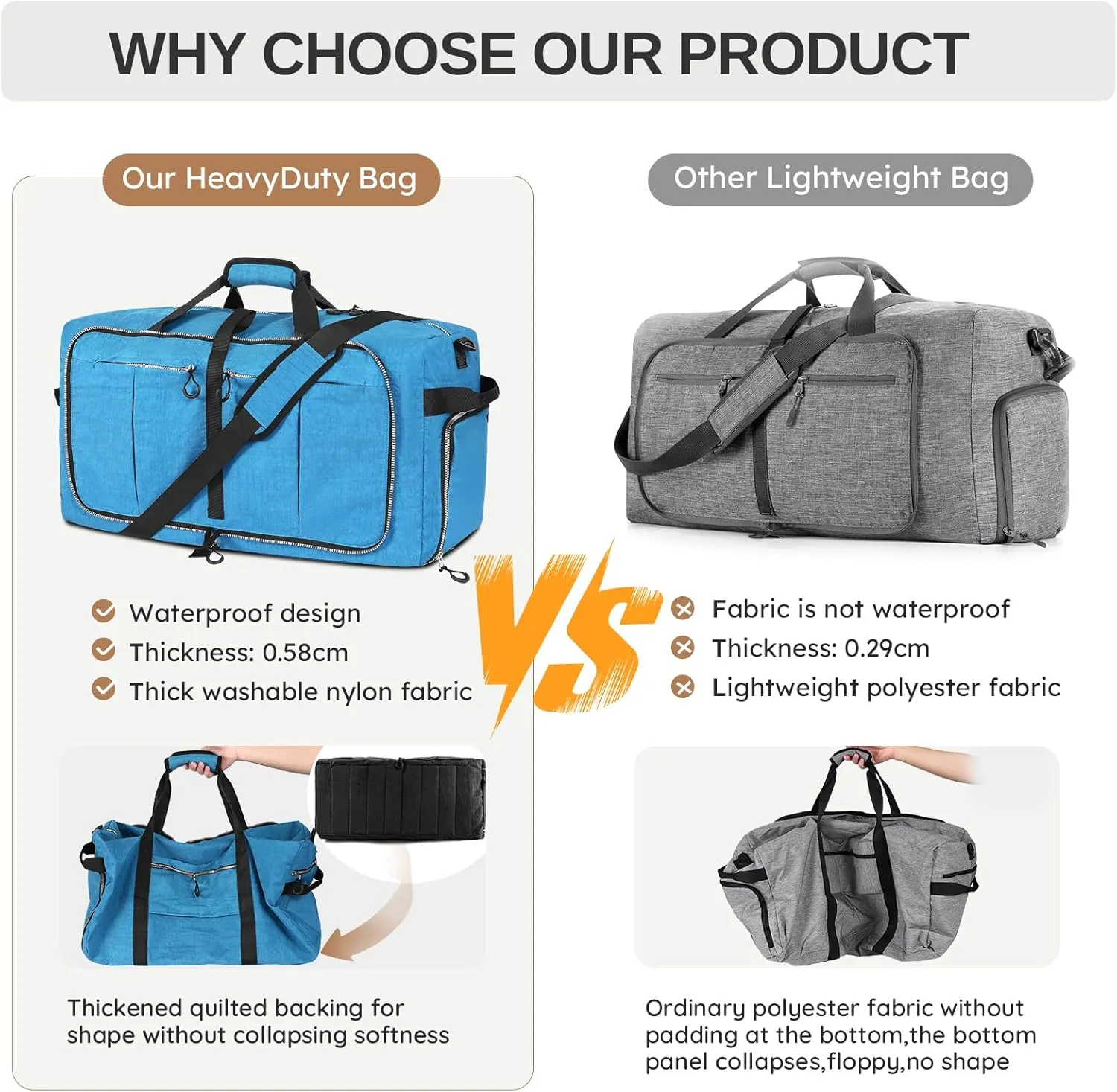65L 25" Foldable Duffle Bag with Shoe Compartment,Lightweight Water Resistant Packable Travel Bag,Blue