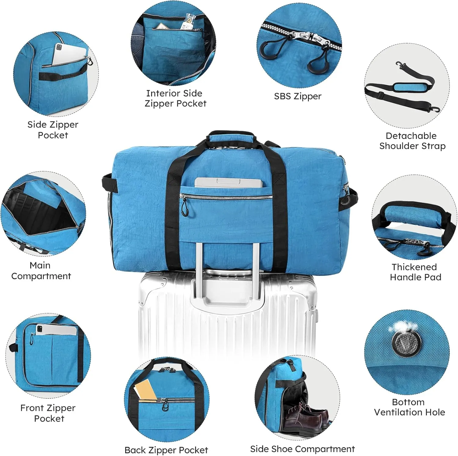 65L 25" Foldable Duffle Bag with Shoe Compartment,Lightweight Water Resistant Packable Travel Bag,Blue