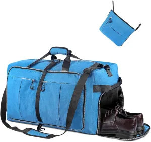 65L 25" Foldable Duffle Bag with Shoe Compartment,Lightweight Water Resistant Packable Travel Bag,Blue