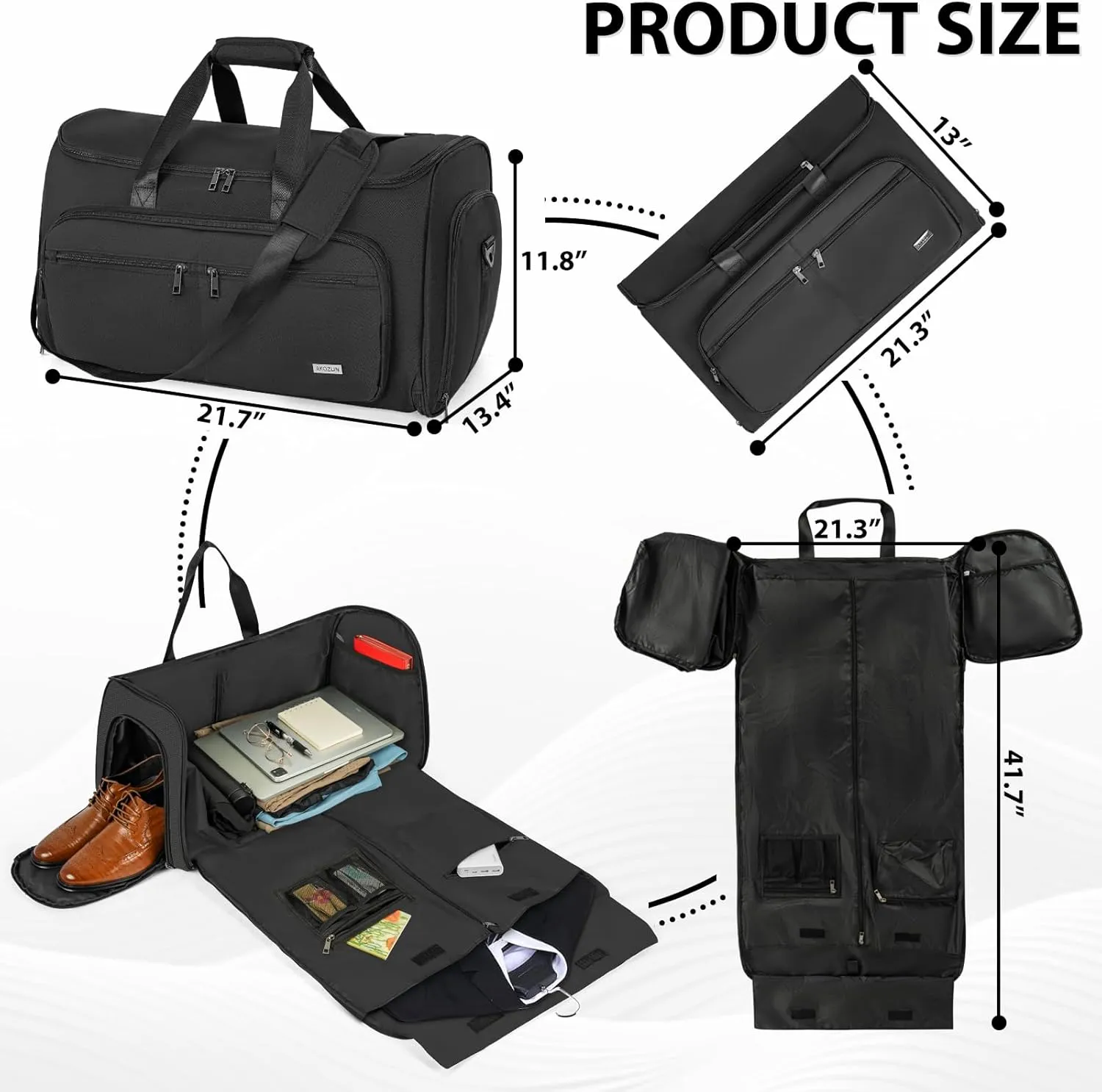 AKOZLIN Convertible Garment Bag Carry on 3 in 1 Garment Duffle Bag 51L Hanging Suit Travel Bag Dress Shoes Carrier Storage Bag For Men Women Black