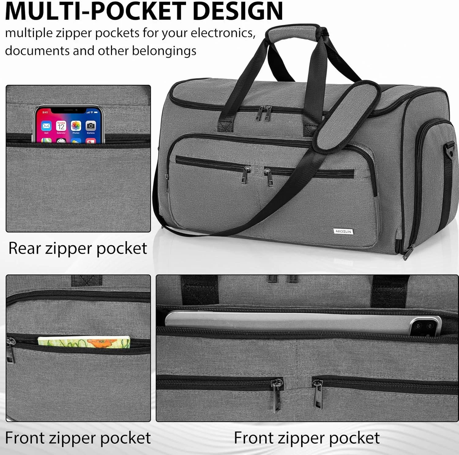 AKOZLIN Convertible Garment Bag Carry on 3 in 1 Garment Duffle Bag 51L Hanging Suit Travel Bag Dress Shoes Carrier Storage Bag For Men Women Grey