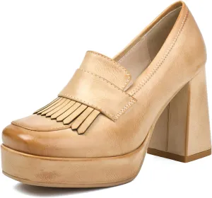 Alsoloveu Women's Platform High Heel Loafers Square Toe Chunky Heels Slip On Pump Shoes with Tassel Decor