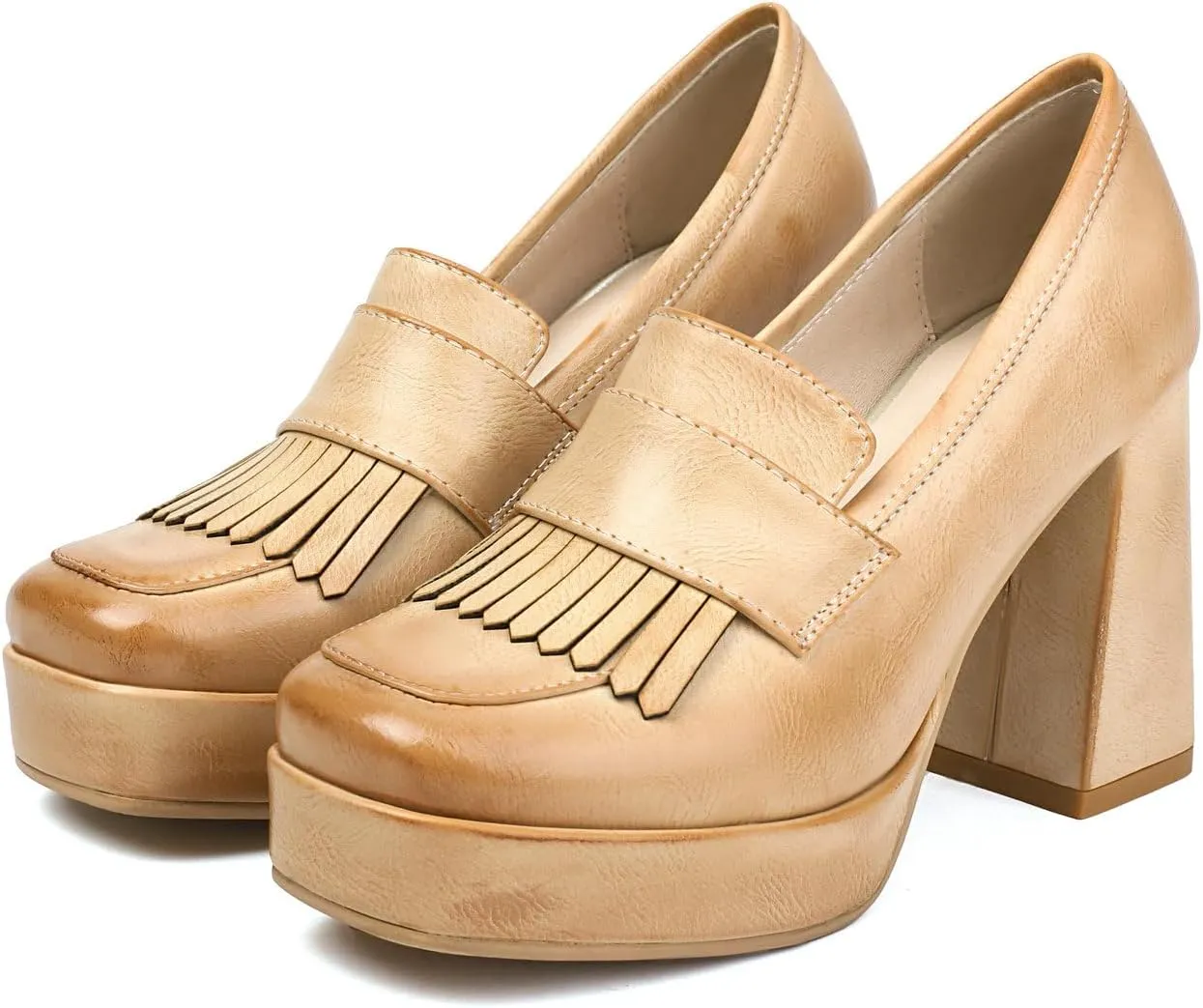 Alsoloveu Women's Platform High Heel Loafers Square Toe Chunky Heels Slip On Pump Shoes with Tassel Decor