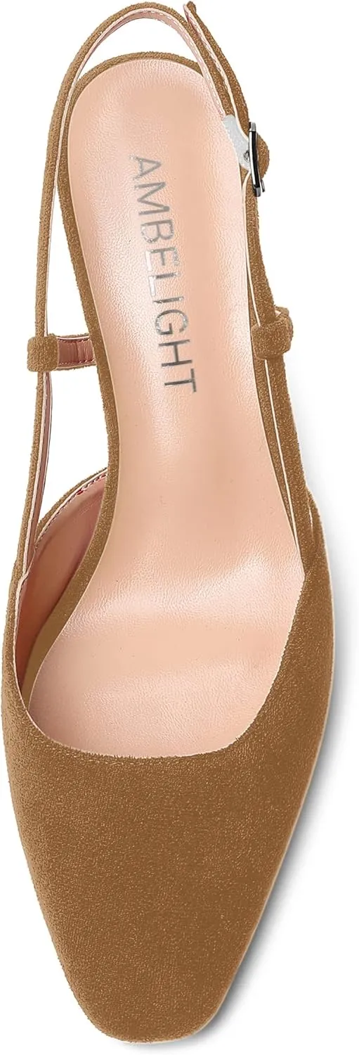 AMBELIGHT Womens Cute Office Square Toe Slingback Slip On Suede Kitten High Heel Pumps Shoes 2.5 Inch