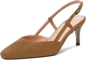 AMBELIGHT Womens Cute Office Square Toe Slingback Slip On Suede Kitten High Heel Pumps Shoes 2.5 Inch