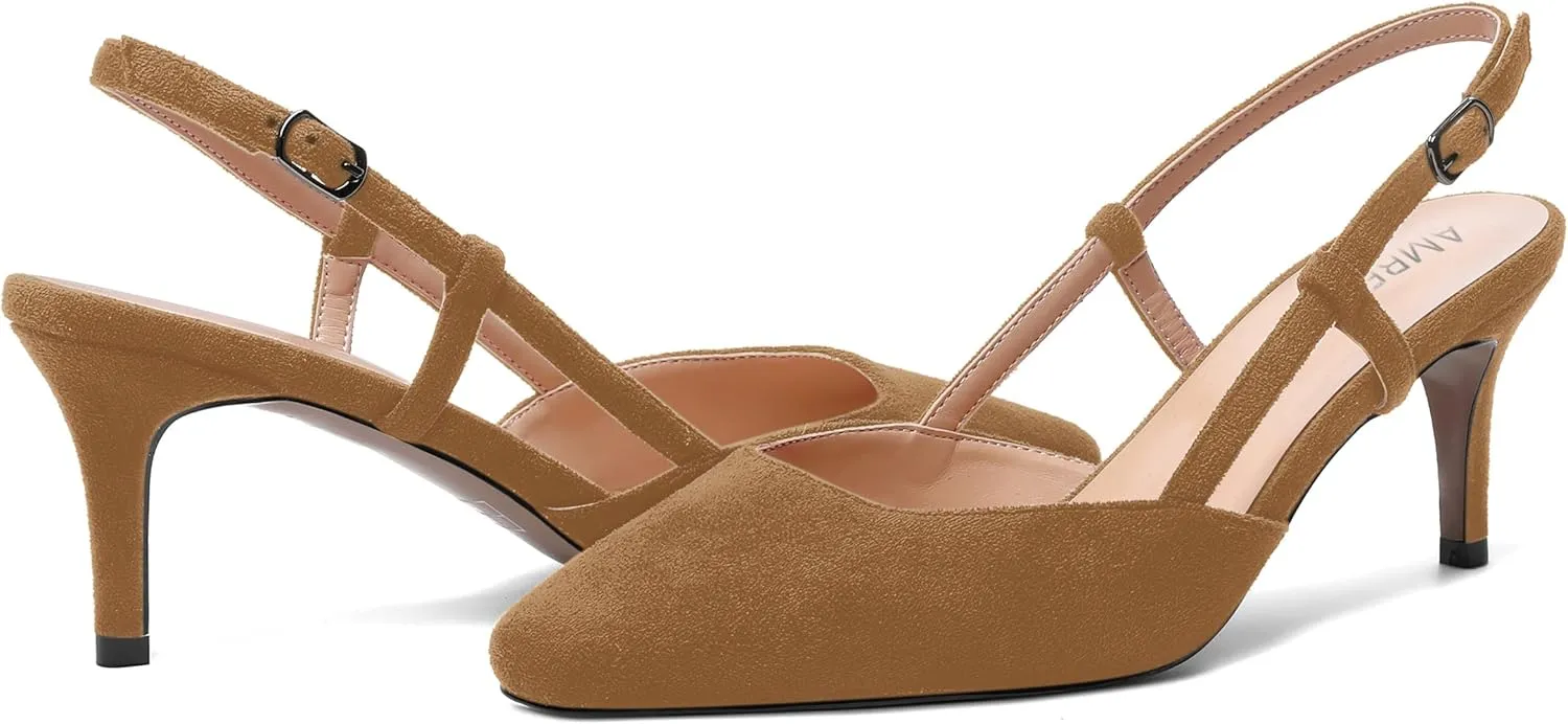 AMBELIGHT Womens Cute Office Square Toe Slingback Slip On Suede Kitten High Heel Pumps Shoes 2.5 Inch