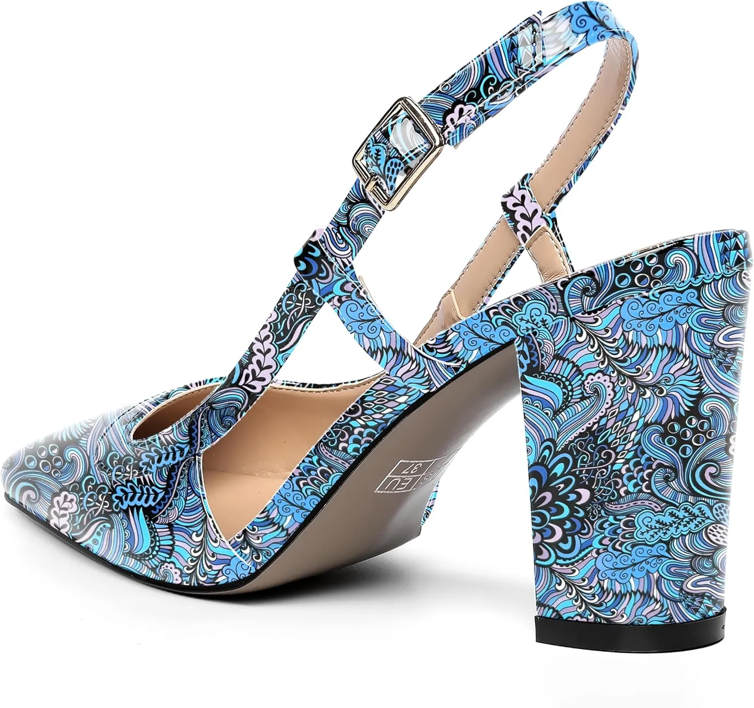 AMBELIGHT Womens Square Toe Dress Patent Adjustable Strap Buckle Office Block High Heel Pumps Shoes 3.3 Inch