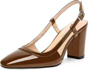 AMBELIGHT Womens Square Toe Dress Patent Adjustable Strap Buckle Office Block High Heel Pumps Shoes 3.3 Inch