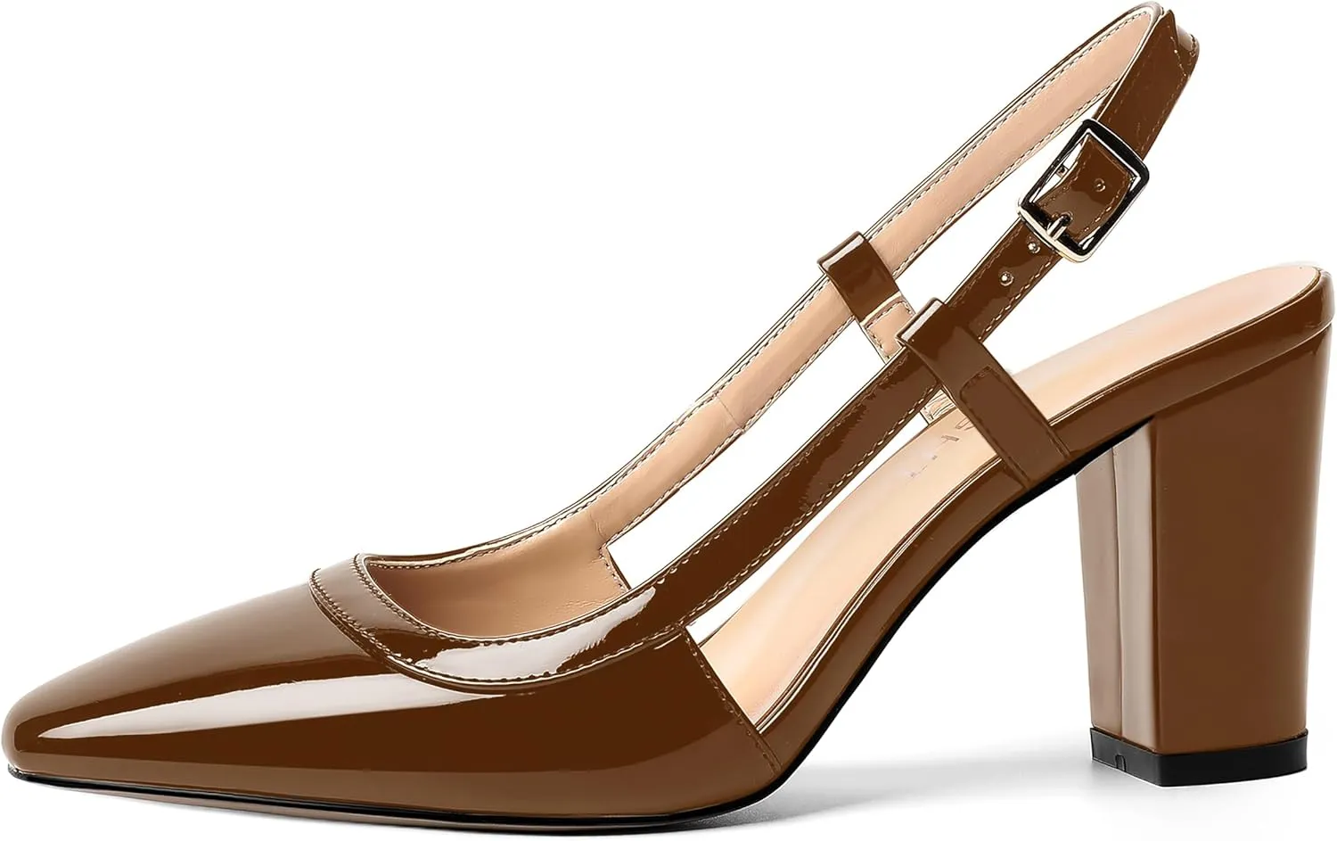 AMBELIGHT Womens Square Toe Dress Patent Adjustable Strap Buckle Office Block High Heel Pumps Shoes 3.3 Inch