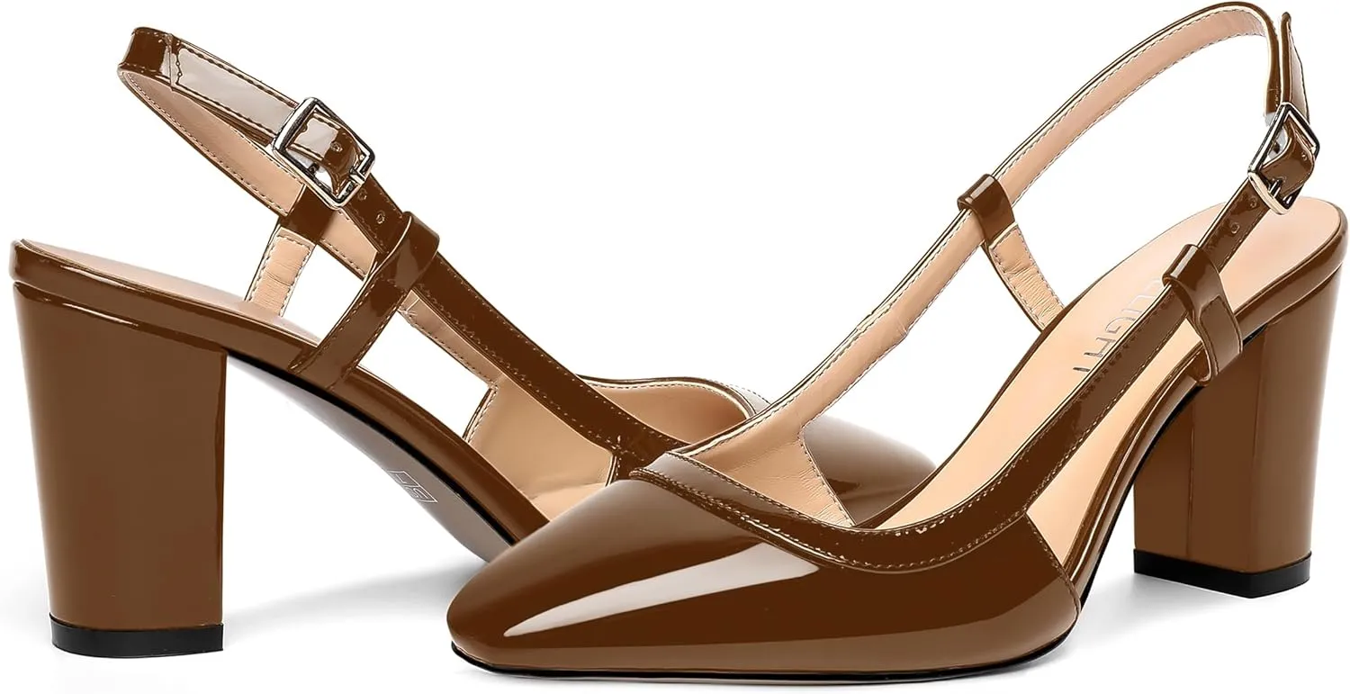 AMBELIGHT Womens Square Toe Dress Patent Adjustable Strap Buckle Office Block High Heel Pumps Shoes 3.3 Inch