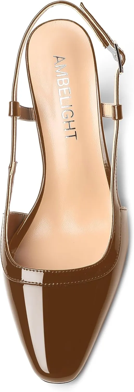 AMBELIGHT Womens Square Toe Dress Patent Adjustable Strap Buckle Office Block High Heel Pumps Shoes 3.3 Inch